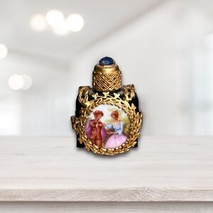 Antique French Porcelain & Blue Glass Mini Perfume Scent Bottle